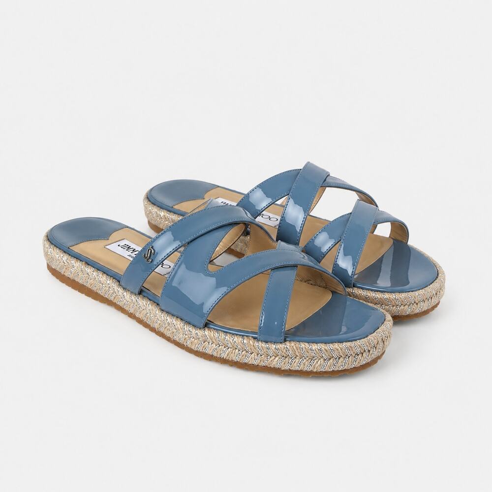 Jimmy Choo Sky Blue Patent Leather Crisscross Espadrille Slide Sandals 38